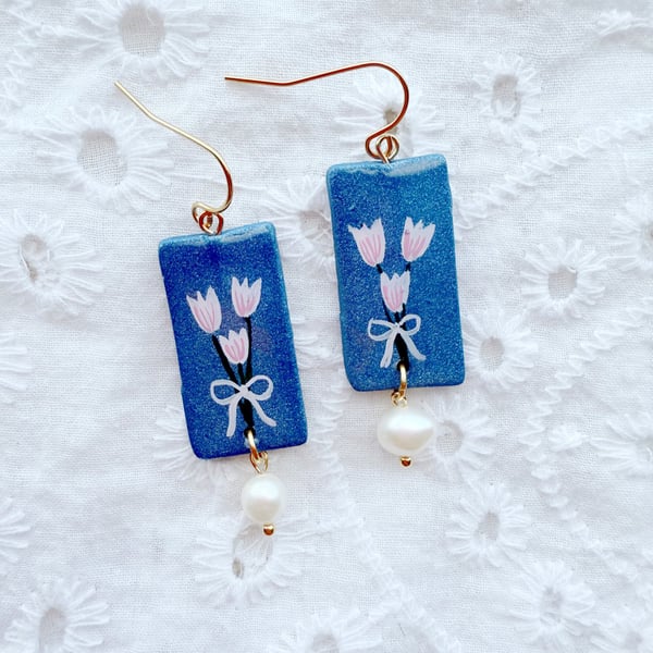 Tulip Bouquet Earrings with Natural Cultured Pearls