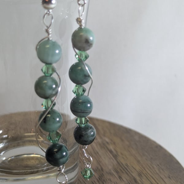 Sterling Silver, Emerald and Swarovski Crystal Drop Earrings