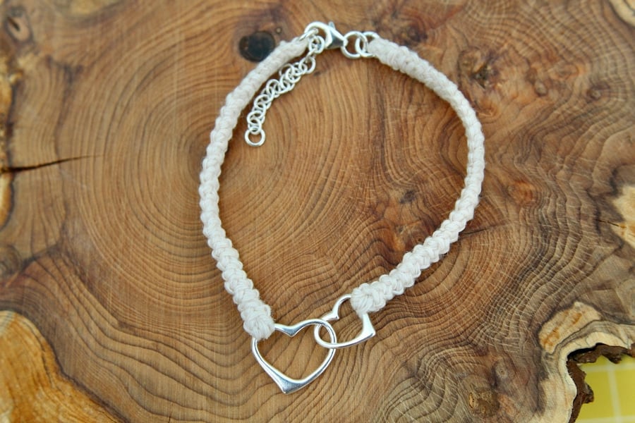 Cream Linen Bracelet with Silver Linked Hearts , Linen Anniversary Gift for Her