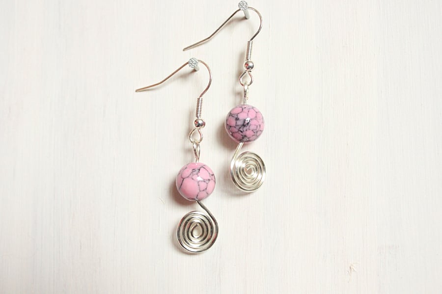 Pink howlite and silver spiral handmade dangle earrings