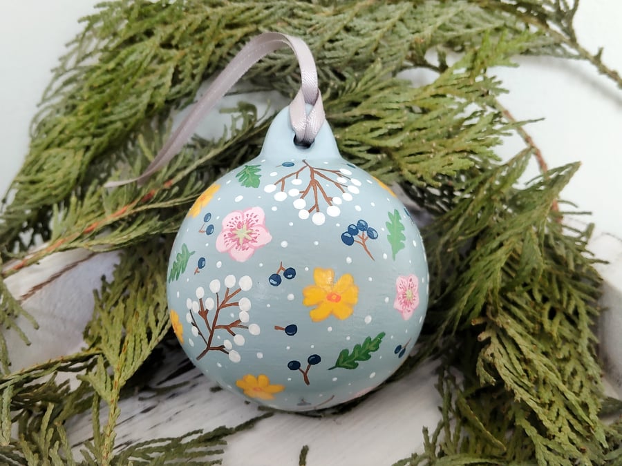 Hand Painted Winter Blue Floral Bauble 
