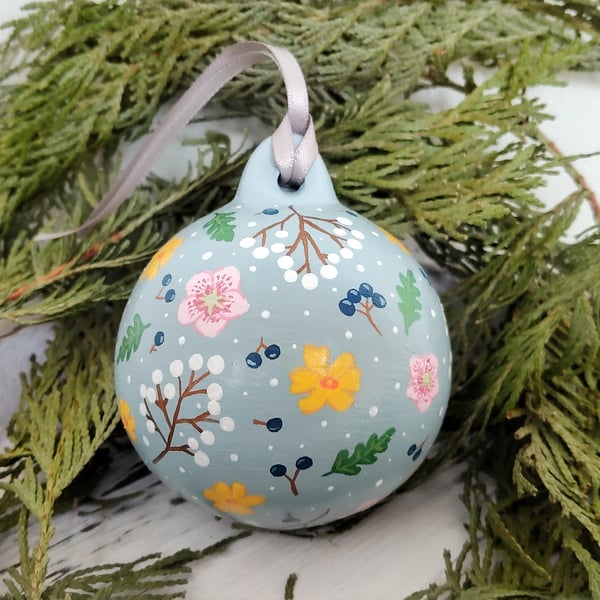 Hand Painted Winter Blue Floral Bauble 