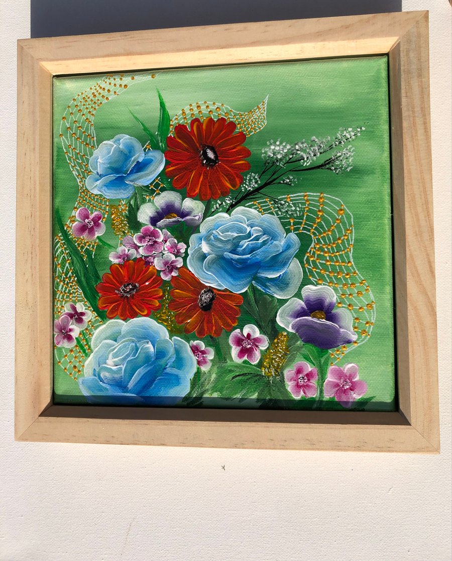 Acrylic painting , flowers, framed, 24cmx24cm