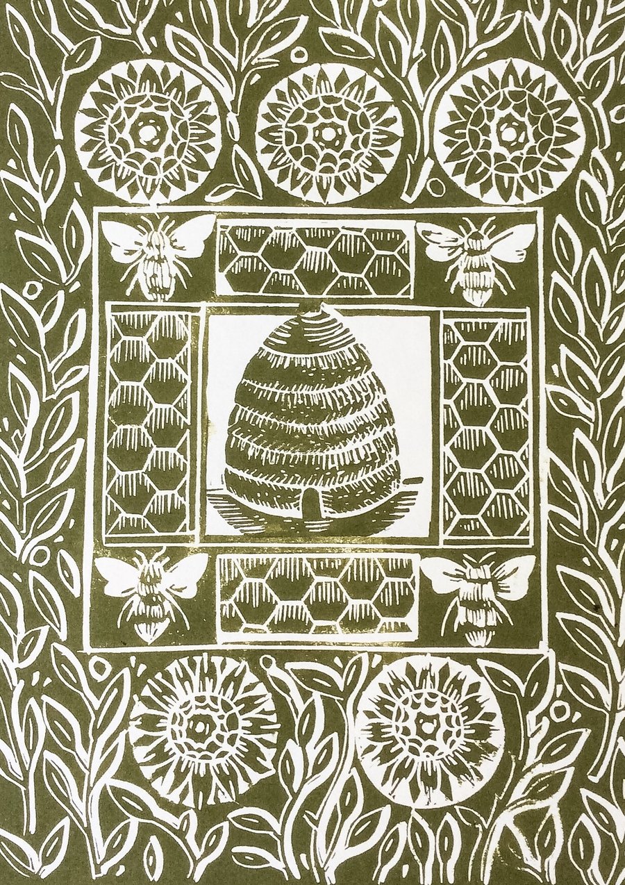 The Bee Hive Original Linocut Print, Green