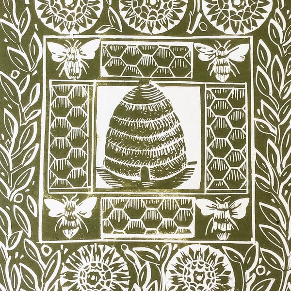 The Bee Hive Original Linocut Print, Green