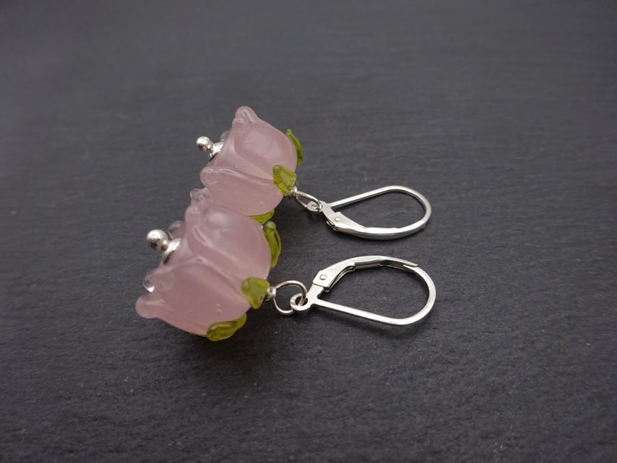pink lampwork flower glass earrings, sterling silver jewellery