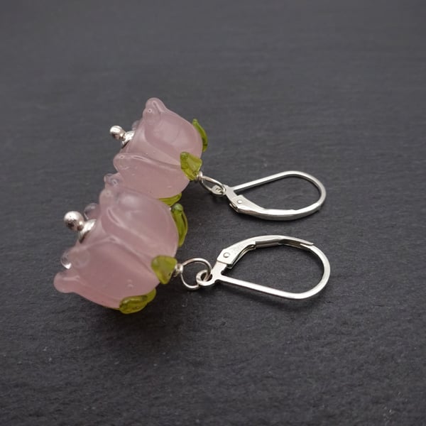 pink lampwork flower glass earrings, sterling silver jewellery