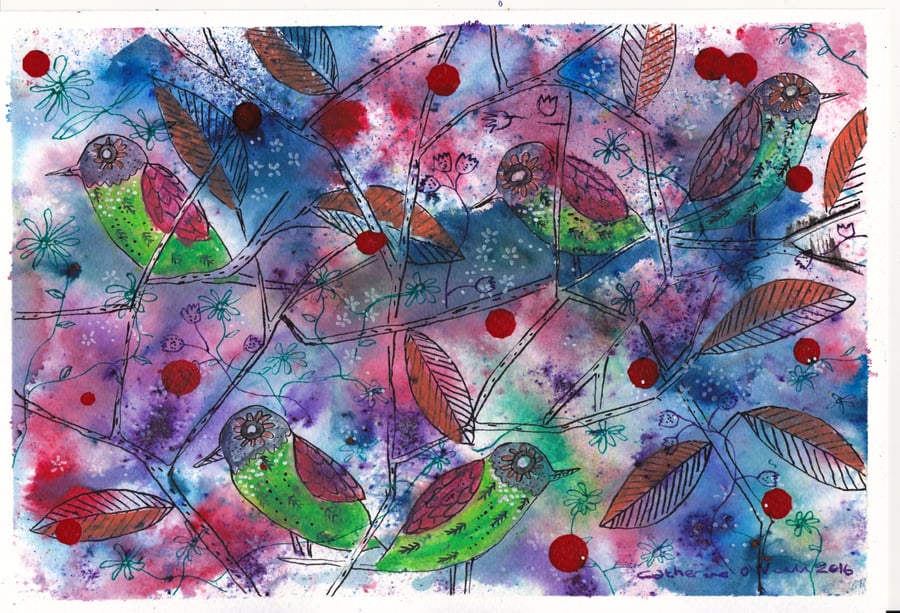 Chitta Chatta went the Birds - Original watercolour and ink drawing 