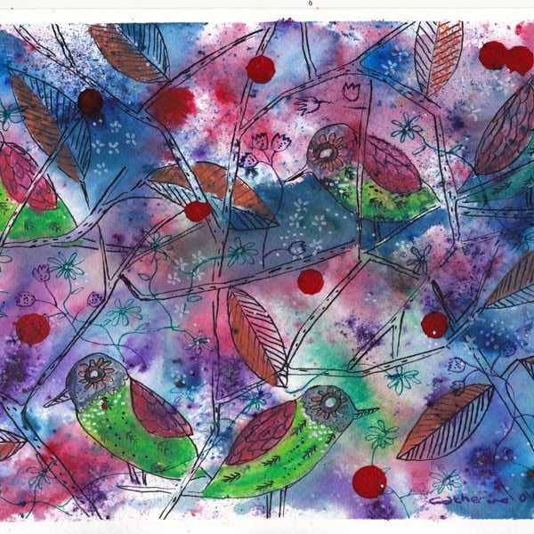 Chitta Chatta went the Birds - Original watercolour and ink drawing 