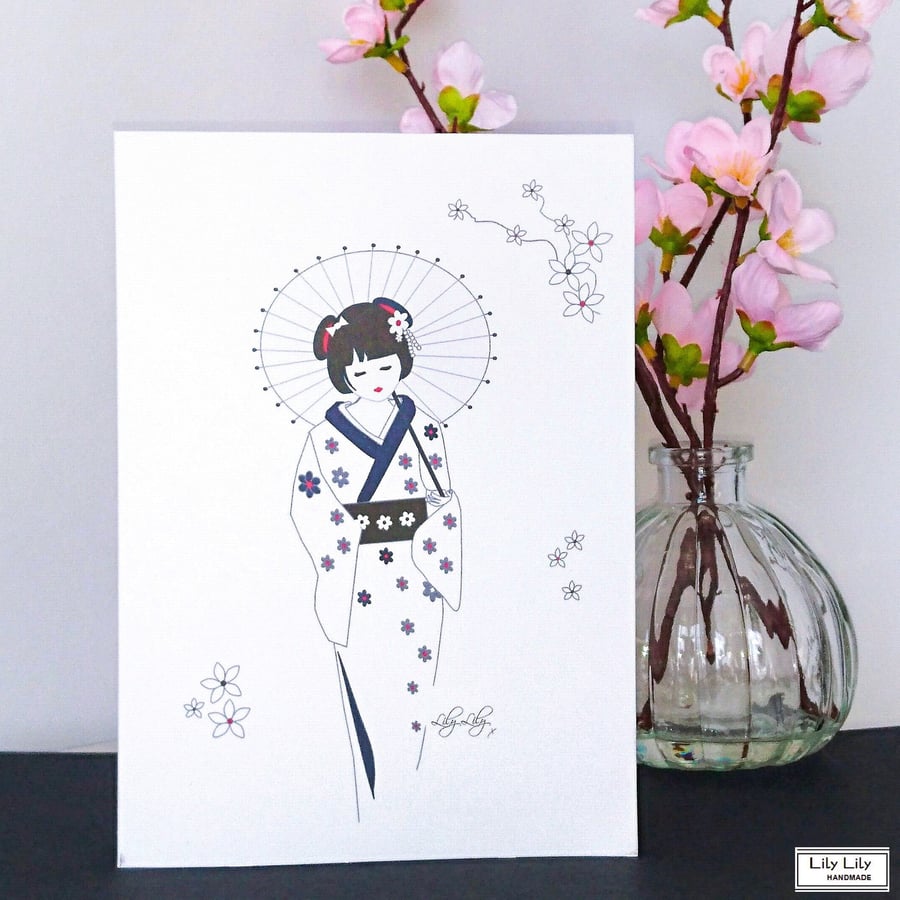 Handmade Blank Card - Japanese Geisha with Parasol Design