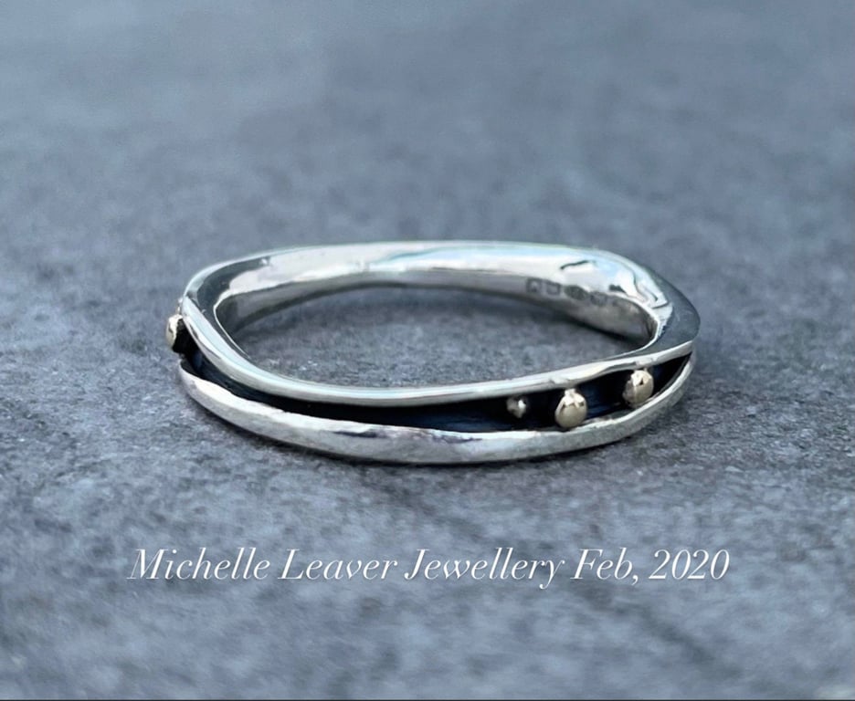 Gold Bubbles Ring, freeform silver ring, silverandgold ring, wave ring, gift  