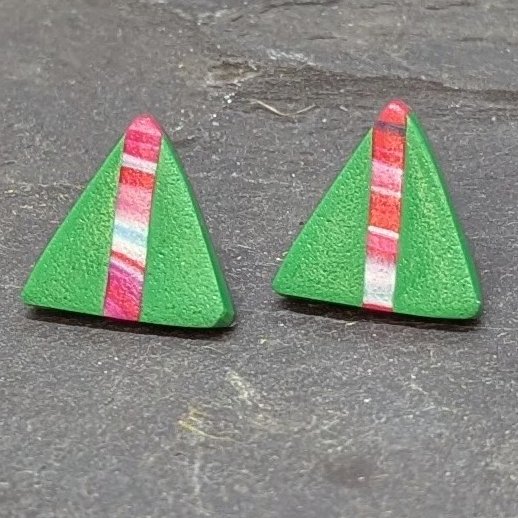 Handmade Green triangle studs, with decorative stripe.