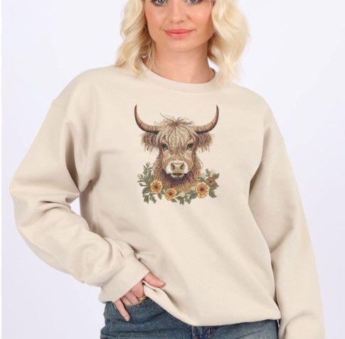 Embroidered Sweatshirt, Casual Sweatshirt, Comfy Sweatshirt, Highland Cow Sweat