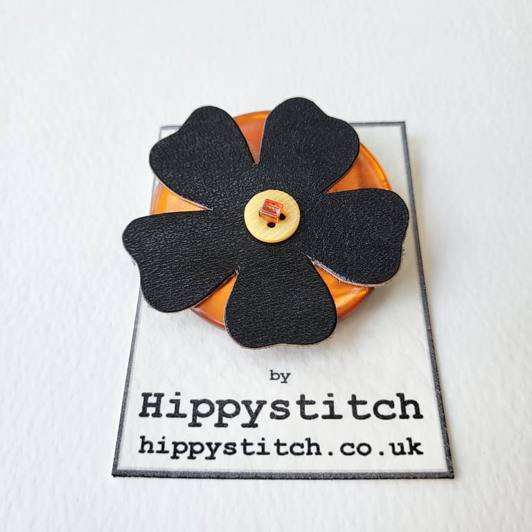 Black Leather Flower & Orange Button Brooch 