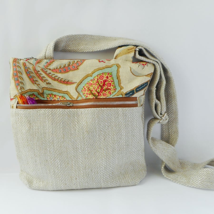 Fabric crossbody bag in linen and wool