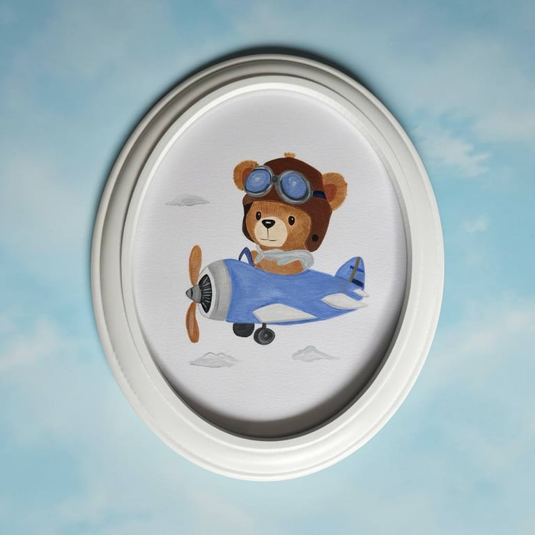 Hand-Painted Bear in Airplane Wall Art, Framed Acrylic Flying Nursery Decor