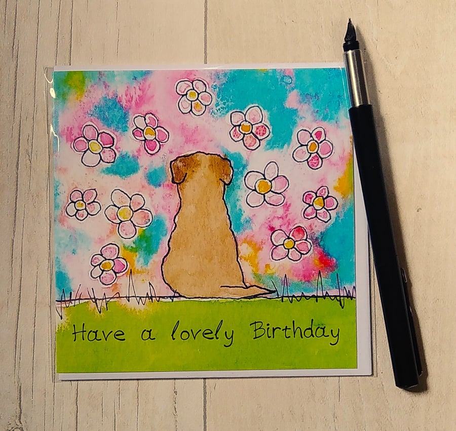 Border Terrier card (printed card).Birthday or Happy Birthday from the dog.
