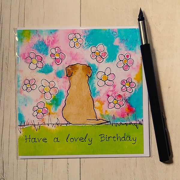 Border Terrier card (printed card).Birthday or Happy Birthday from the dog.