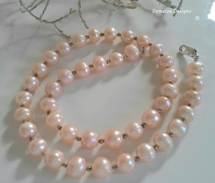 Top Quality Champagne Peach Freshwater Pearl Sterling Silver Necklace