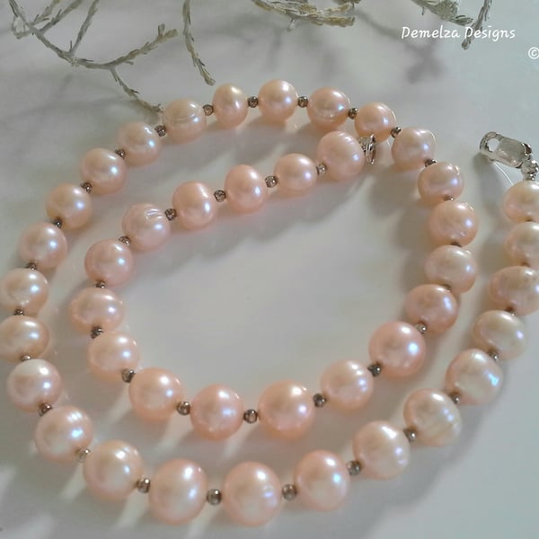 Top Quality Champagne Peach Freshwater Pearl Sterling Silver Necklace