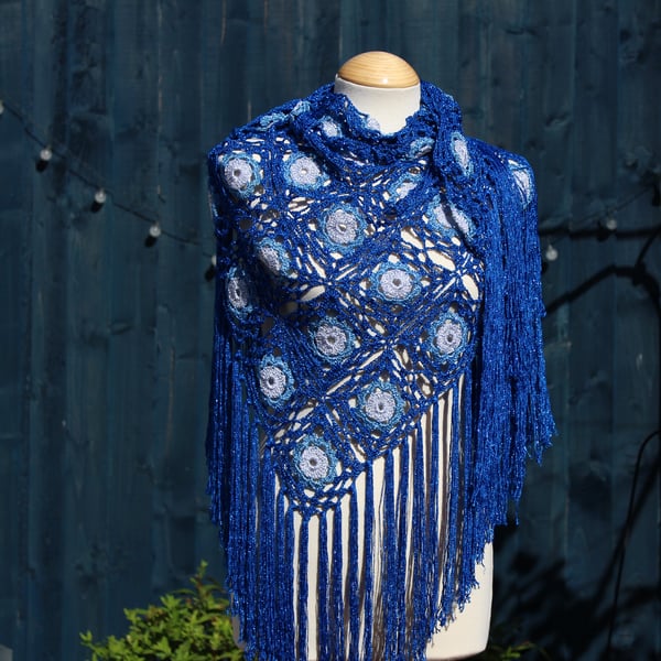 Crochet triangular shawl in sparkly silver, blue & royal blue - design LF433