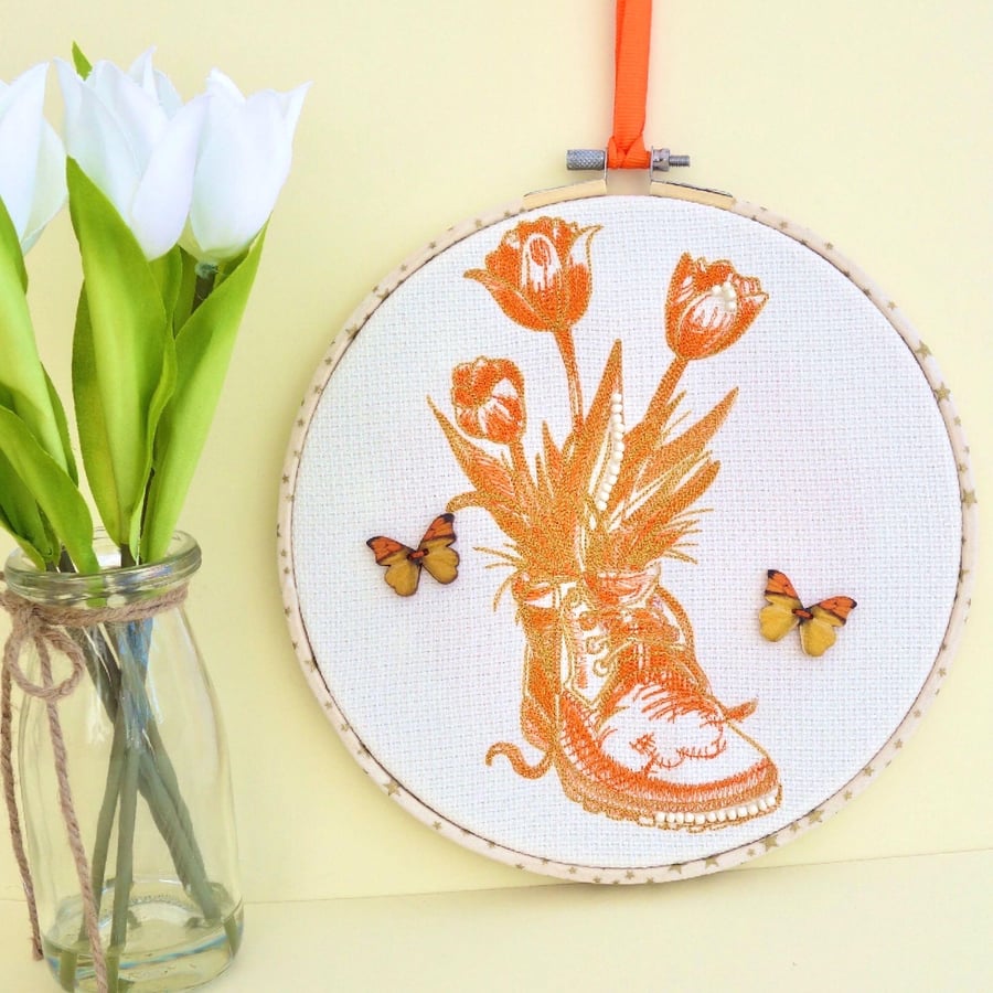 Old Boot: Embroidery Hooped Decoration 20cm (8”) ready to hang