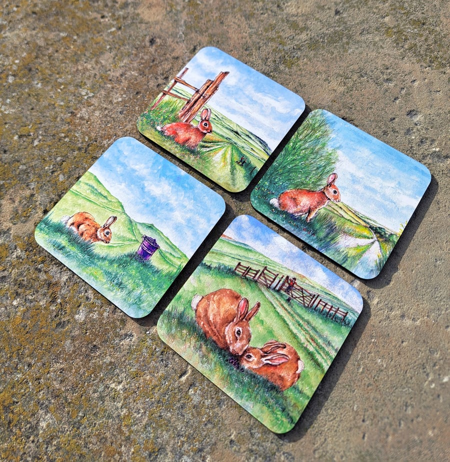 Sussex Rabbit four Coaster set from original watercolour prints