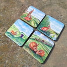 Sussex Rabbit four Coaster set from original watercolour prints