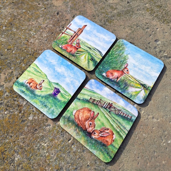Sussex Rabbit four Coaster set from original watercolour prints