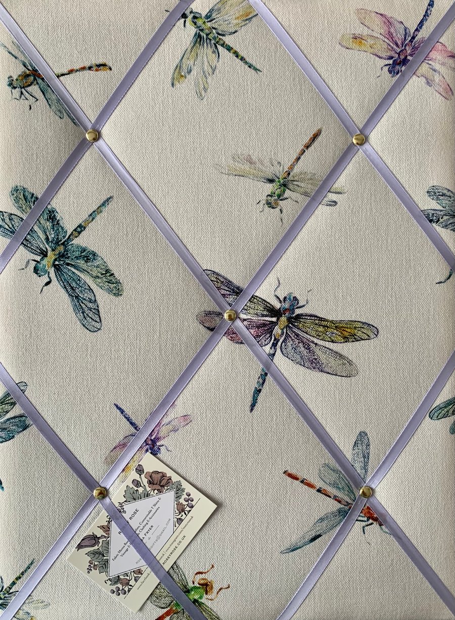 Handmade Bespoke Memo Notice Board With Clarke Dragonflies Cream Fabric