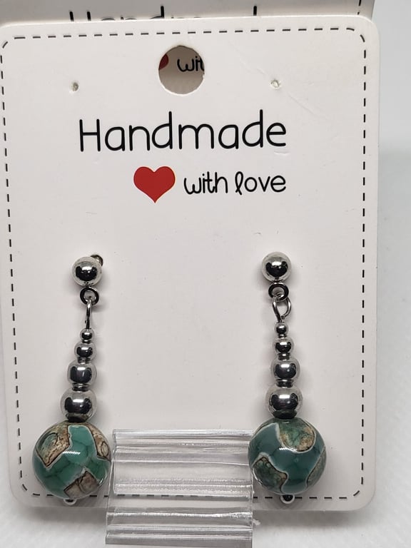 Dzi Style Agate Earrings - Turquise Natural Stone - Stainless Steel - Handmade