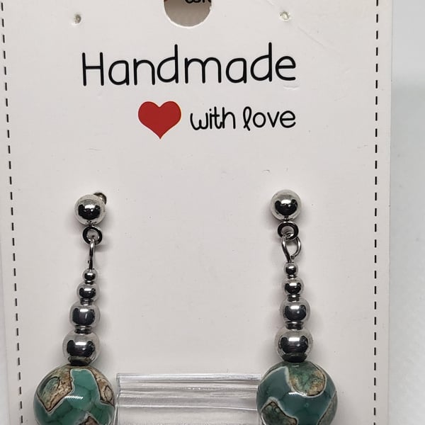Dzi Style Agate Earrings - Turquise Natural Stone - Stainless Steel - Handmade