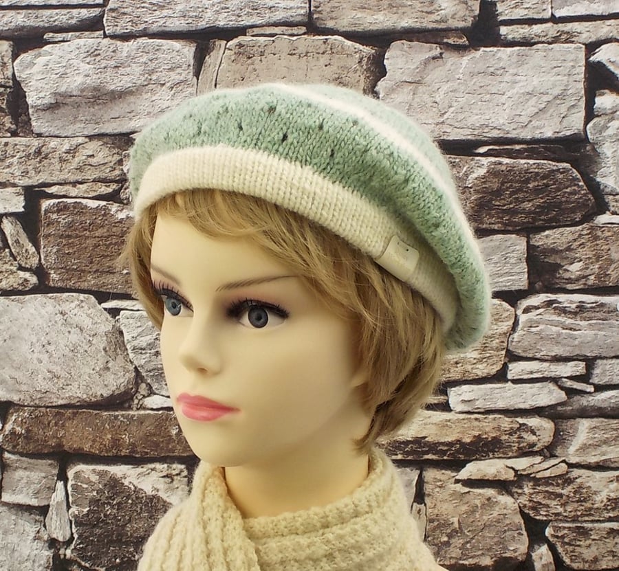 British wool beret women's winter hat cream and green knitted Masham wool