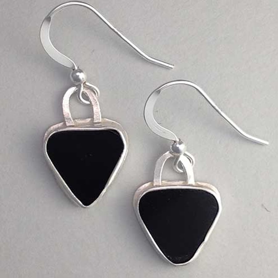 Black Onyx Triangle Earrings - Black and Silver