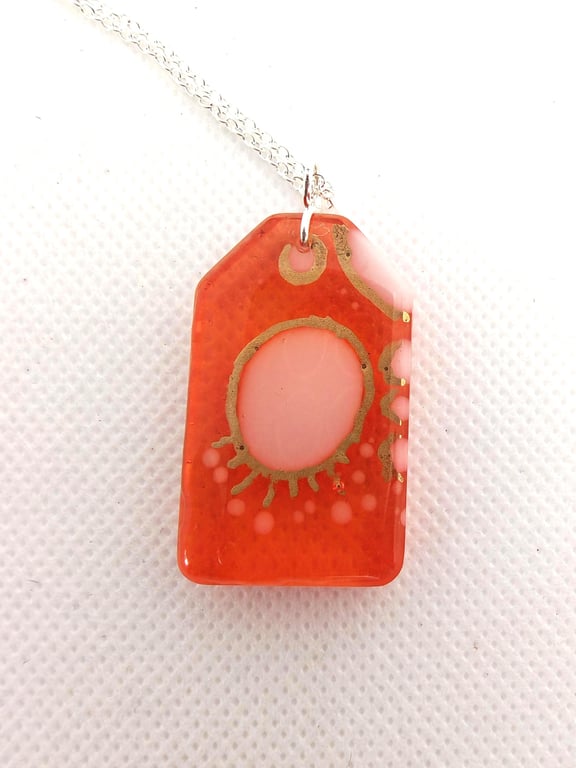 Handmade Orange Resin Aztec Necklace: Boho Pendant, Silver Plated Chain