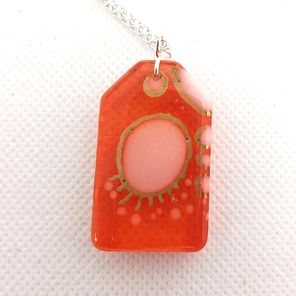 Handmade Orange Resin Aztec Necklace: Boho Pendant, Silver Plated Chain