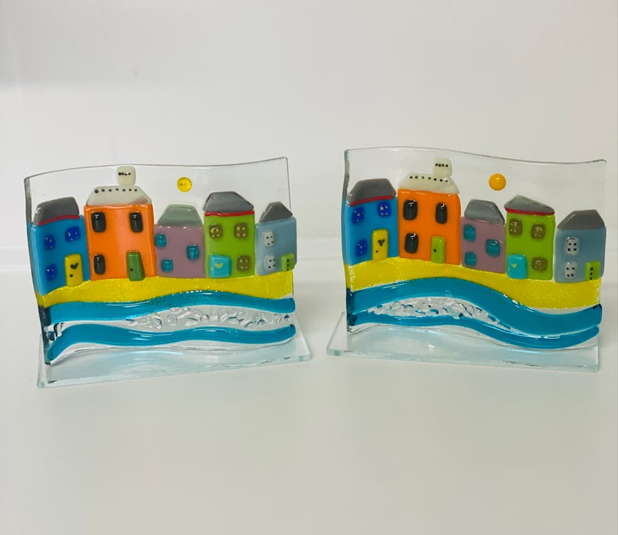 Coastal houses - fused glass stand up wave shape ornament