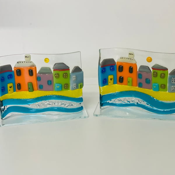 Coastal houses - fused glass stand up wave shape ornament