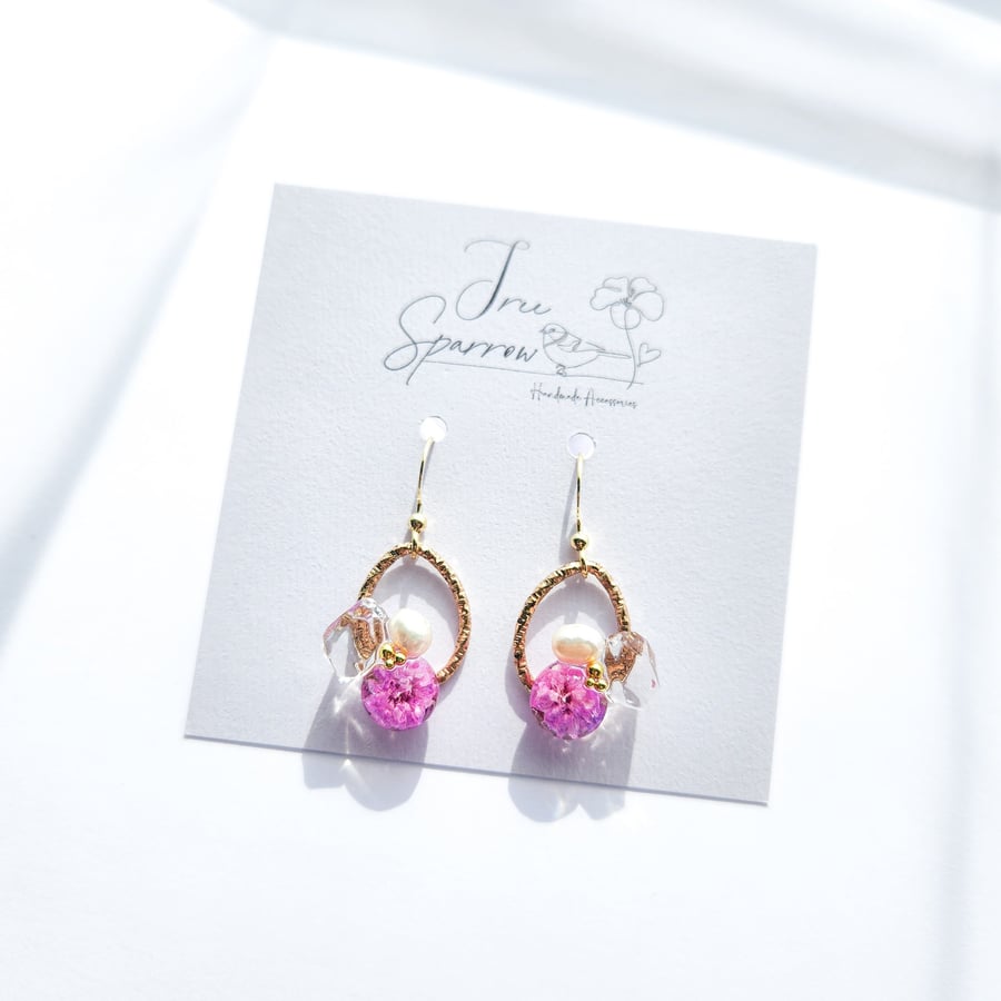 Pink Dried Flowers & Pearl Drop Earrings