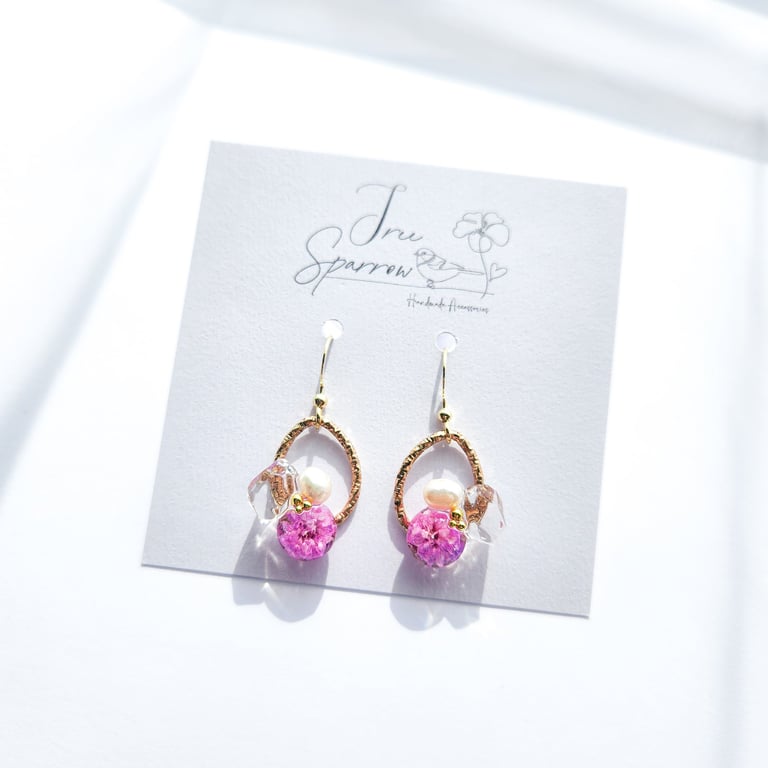 Pink Dried Flowers & Pearl Drop Earrings