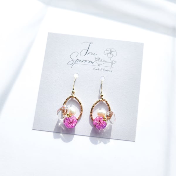 Pink Dried Flowers & Pearl Drop Earrings