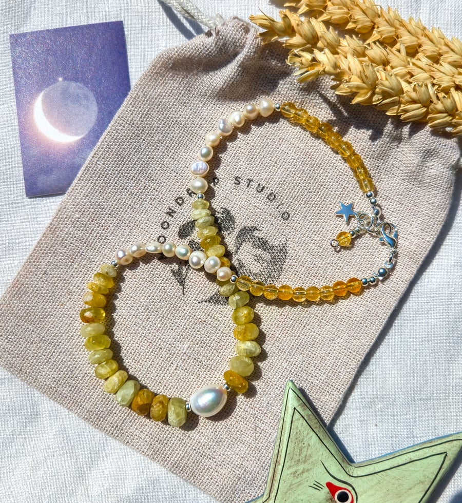 Golden Yellow Heliodor Necklace - Gemstone Necklace, Pearl Necklace, Silver 