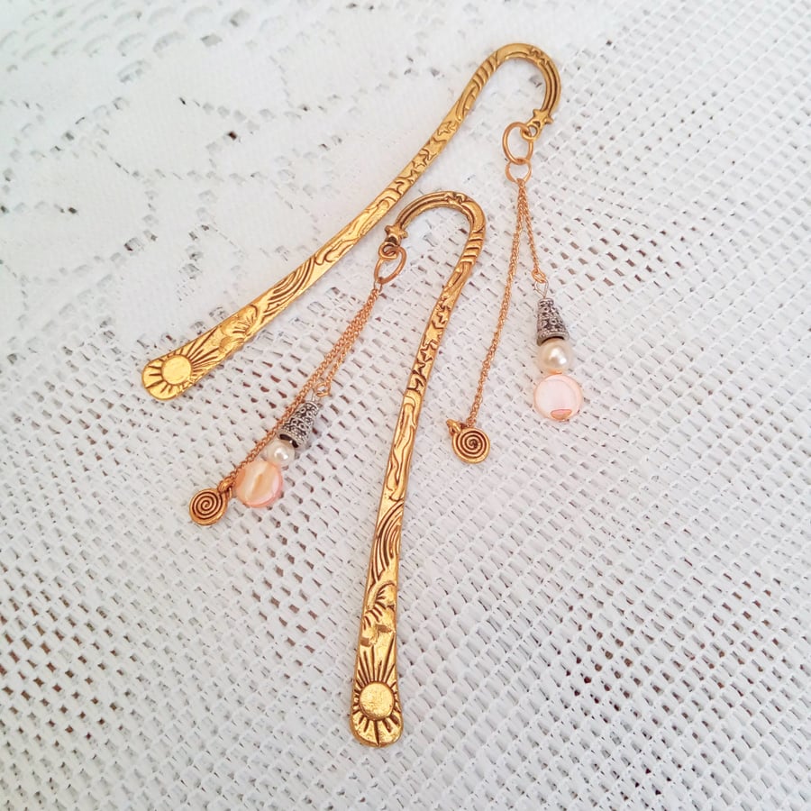 Sun and Moon Gold Bookmark with Pearl and Mother of Pearl Beads and Gold Circle 