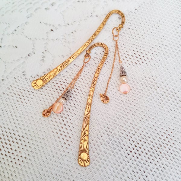 Sun and Moon Gold Bookmark with Pearl and Mother of Pearl Beads and Gold Circle 