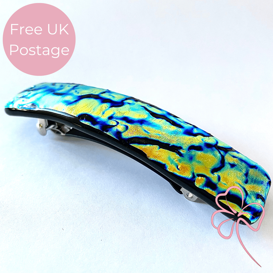 Handmade Ripple Iridescent Dichroic Fused Glass Hair Barrette