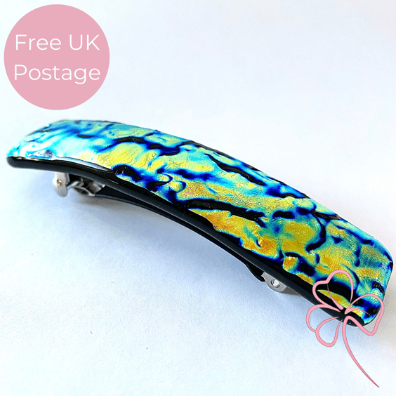 Handmade Ripple Iridescent Dichroic Fused Glass Hair Barrette