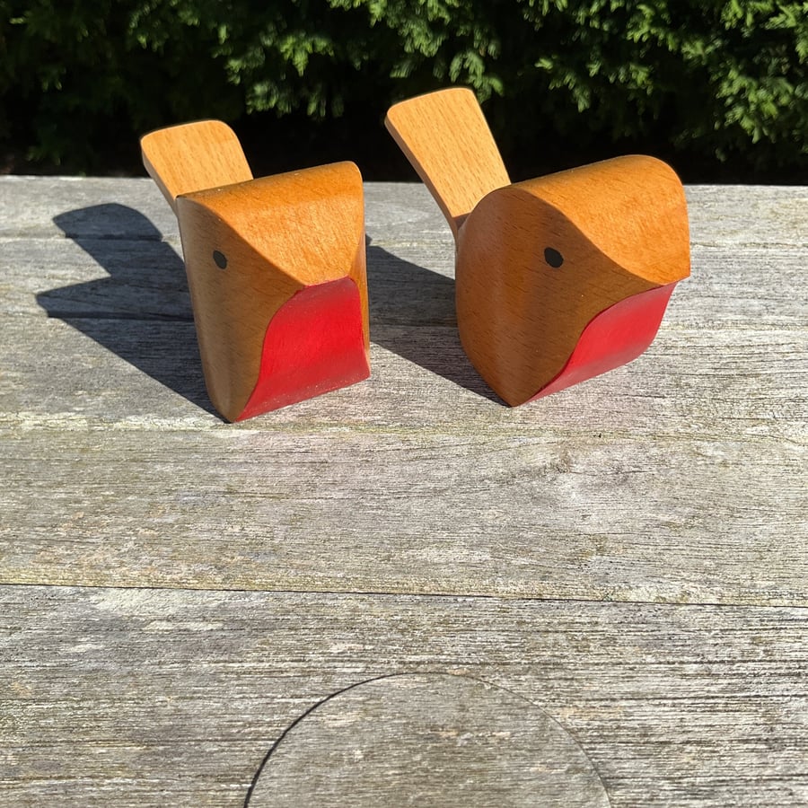 A Pair Handcrafted Beech Wood Robin Bird Ornaments – Christmas Decorations