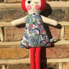 Poppy the Handmade Cloth Doll in a 1940’s Blue and Green Patterned Vintage Dress