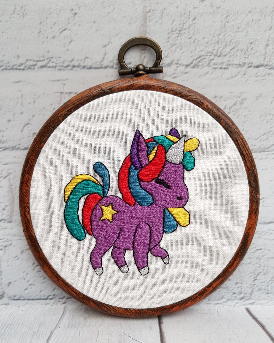 Hand Embroidered Rainbow Unicorn Hoop, Whimsical Wall Art, Unique Nursery Decor,