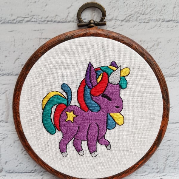 Hand Embroidered Rainbow Unicorn Hoop, Whimsical Wall Art, Unique Nursery Decor,